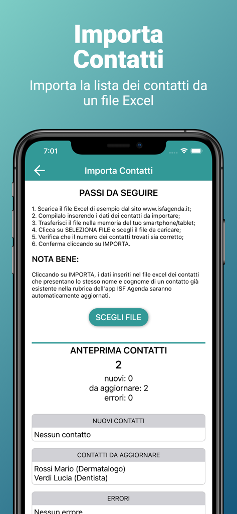 ISF Agenda Lite - Screen showing the contact import from Excel feature within the ISF Agenda Lite app for pharmaceutical reps