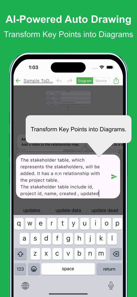 AI-powered feature transforming text descriptions into database diagrams.