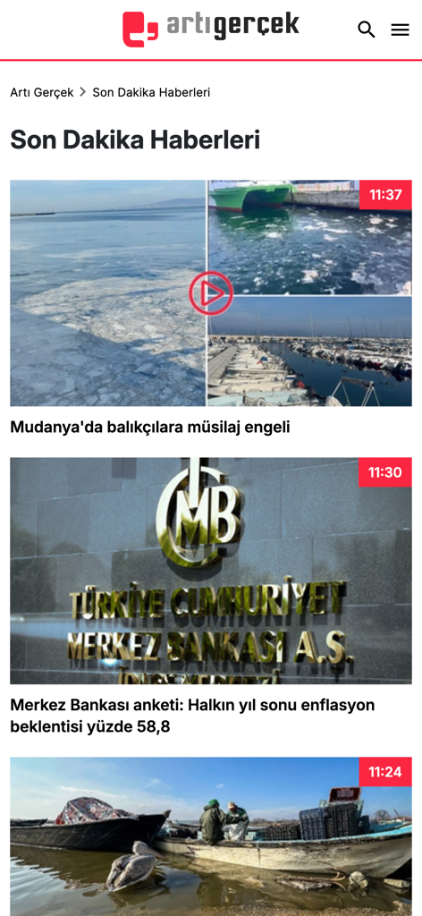 ArtiGercek.com - Turkish news app interface displaying breaking news headlines and articles