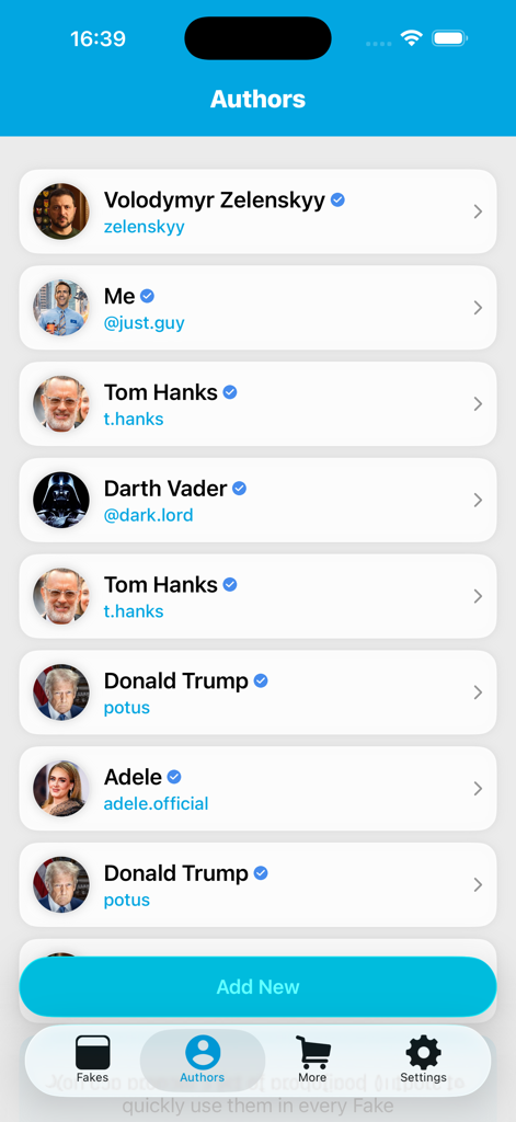 Interface showing a list of simulated celebrity profiles with verified badges in the Faker 2 app