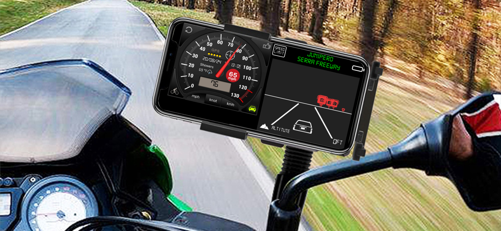 Speedometer ⊲ - Un smartphone montado en el manillar de una motocicleta mostrando una aplicación de velocímetro GPS con datos de velocidad y navegación en tiempo real