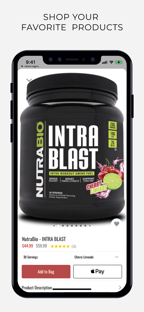 A product page in the Get Yok d app featuring NutraBio Intra Blast workout fuel with price and checkout options