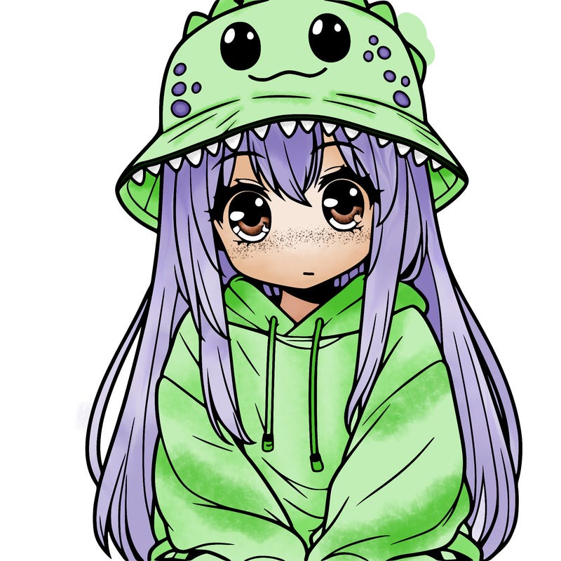 girl with anime shaped eyes with a dinosaur bucket hat oversized sweatshirt long straight hair