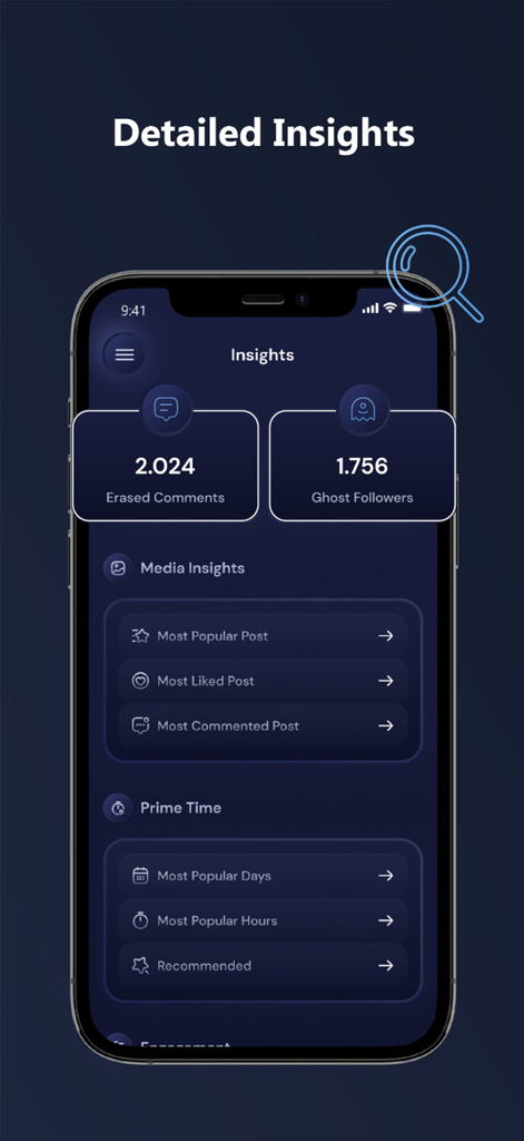 ProReports+ Unfollowers IG - Mobile app interface of ProReports showing detailed Instagram insights like ghost followers and media performance analytics.