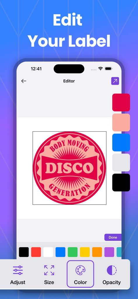 AI Label Maker: Label Printer - Mobile app interface showing tools to edit label designs with custom colors and sizes.