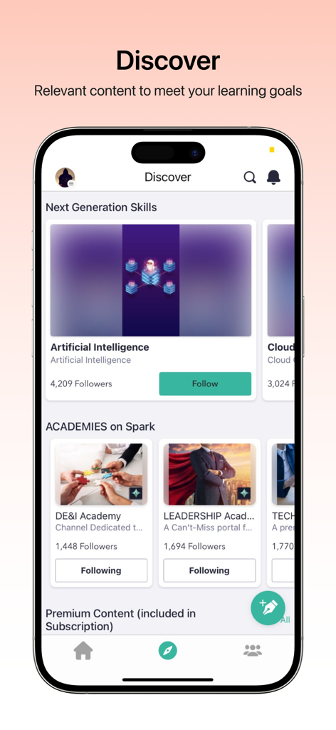 Cornerstone LearningExperience - The discover screen of the Cornerstone LearningExperience app showing personalized content for AI skills and corporate training academies.