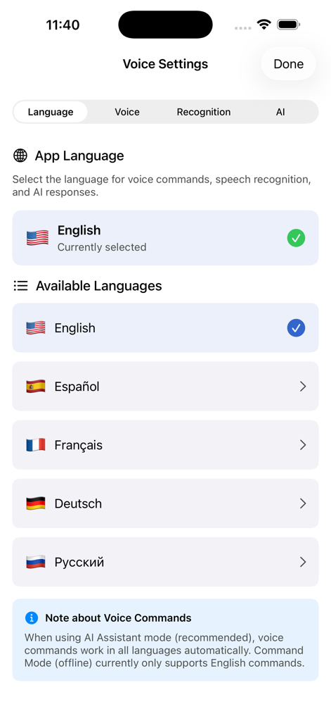 MemoryFy Inc - L'écran des paramètres vocaux de l'application MemoryFy affichant les langues disponibles pour les seniors et les aidants, y compris l'anglais et l'espagnol