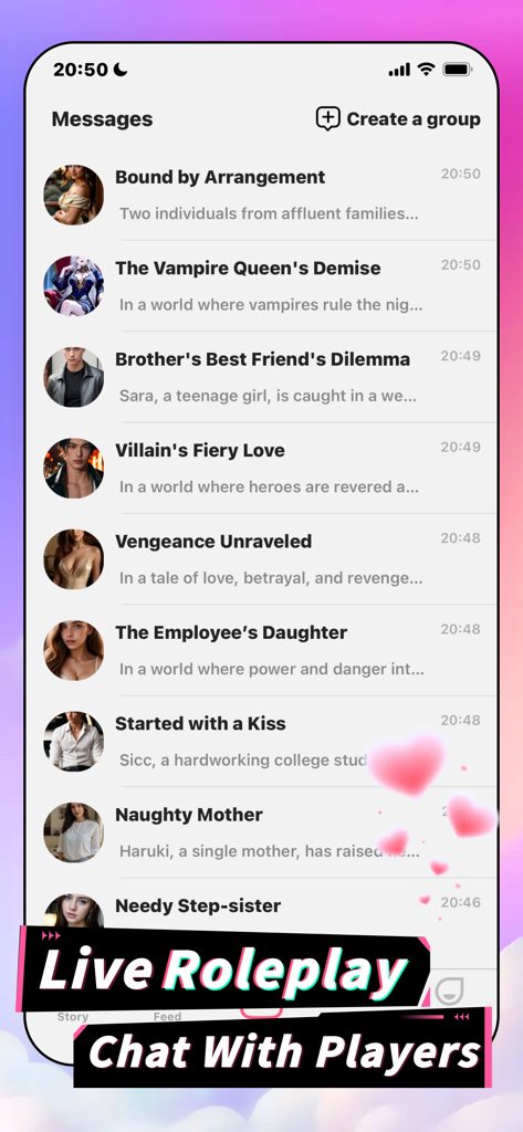 Plotto - AI Chat & Dating - Plotto app screen showing a list of interactive roleplay story chats including fantasy and romance themes
