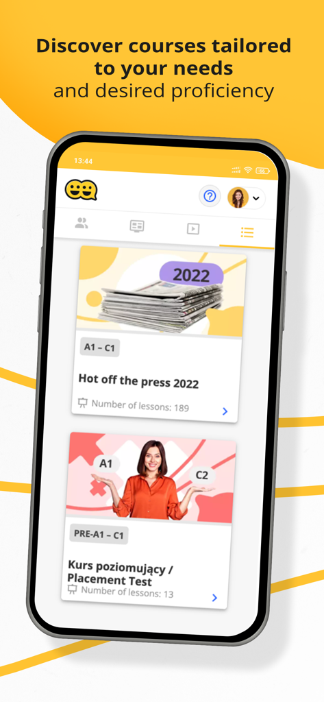 Tutlo mobile app interface showing a list of personalized English courses and proficiency level placement tests