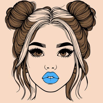 realistic girl with two buns on her hair and lips