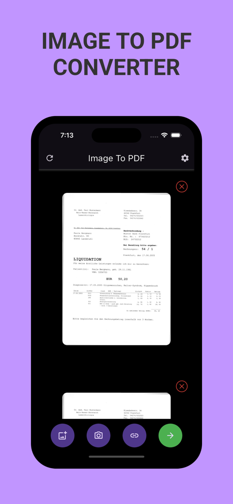 Photo to PDF Converter * - Photo to PDF converter app interface showing a document ready to convert on an iPhone.