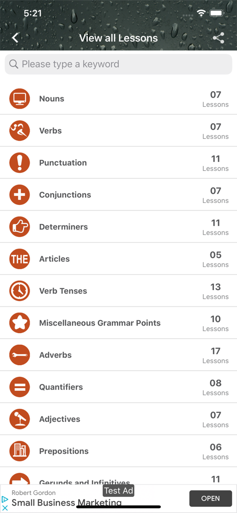 English Grammar - Book - 名詞、動詞、句読点など、アプリ内の英文法カテゴリのリストとレッスン数。
