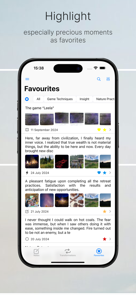 Notes soul way - La pantalla de favoritos de la aplicación Notes soul way que muestra una lista de reflexiones personales y fotos destacadas.
