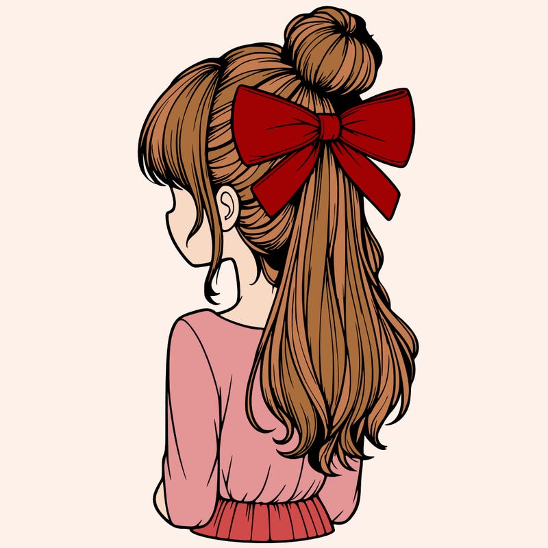 realistic girl  with hip length hair a bun and a big bow on the back of head
