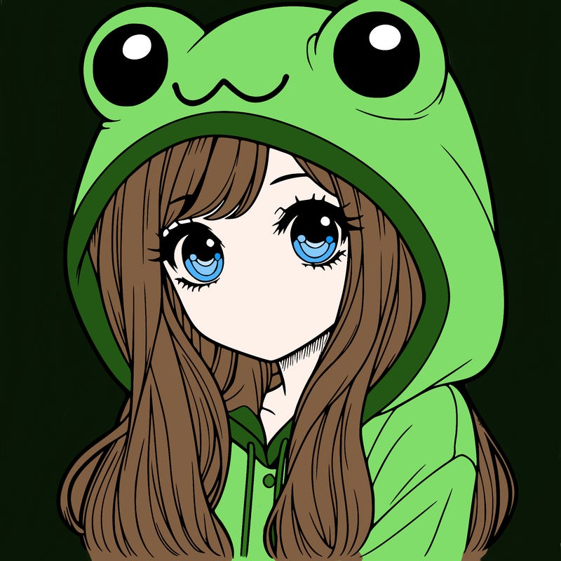 a pretty girl wearing a frog hoodie portrait with long hair