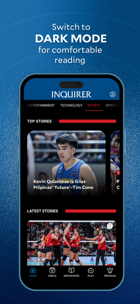 Inquirer Plus - Inquirer Plus news app displaying sports articles with dark mode enabled