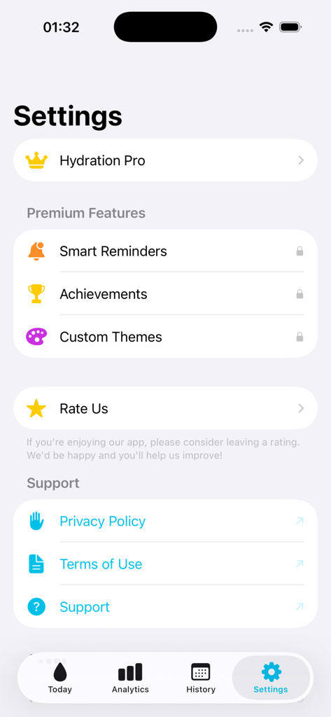 Drink Water Hydration Log App - Pantalla de configuración de la app Drink Water Hydration Log que muestra funciones premium y opciones de soporte