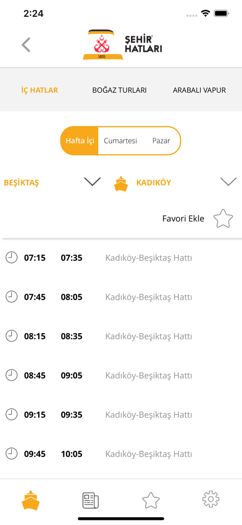 Şehir Hatları - Istanbul ferry schedule interface showing departure times for the Besiktas to Kadikoy route