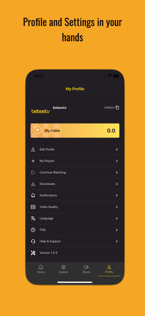 Bebee TV mobile app profile screen displaying user settings and account features