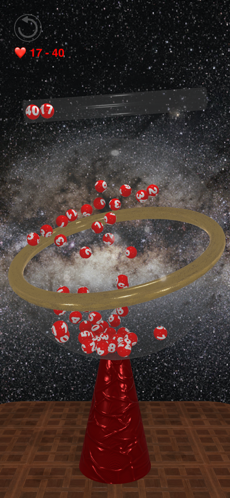 Lottery Wizard 3D - Una máquina de lotería en 3D con bolas numeradas rojas dentro de un recipiente de vidrio contra un fondo de galaxia