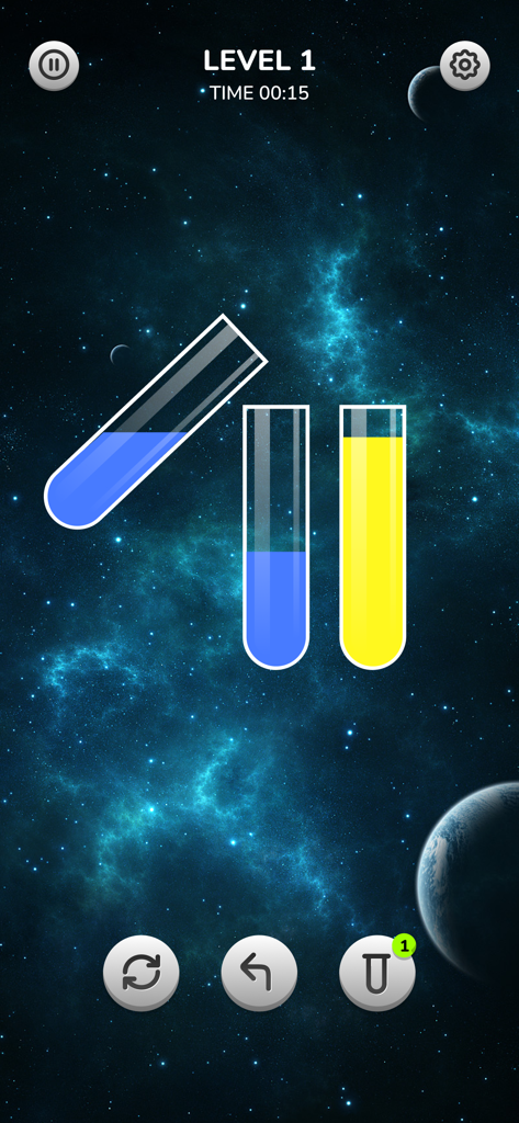 Color Water Sorting Game Tubes - Color water sorting puzzle game showing liquid poured between tubes with a space background