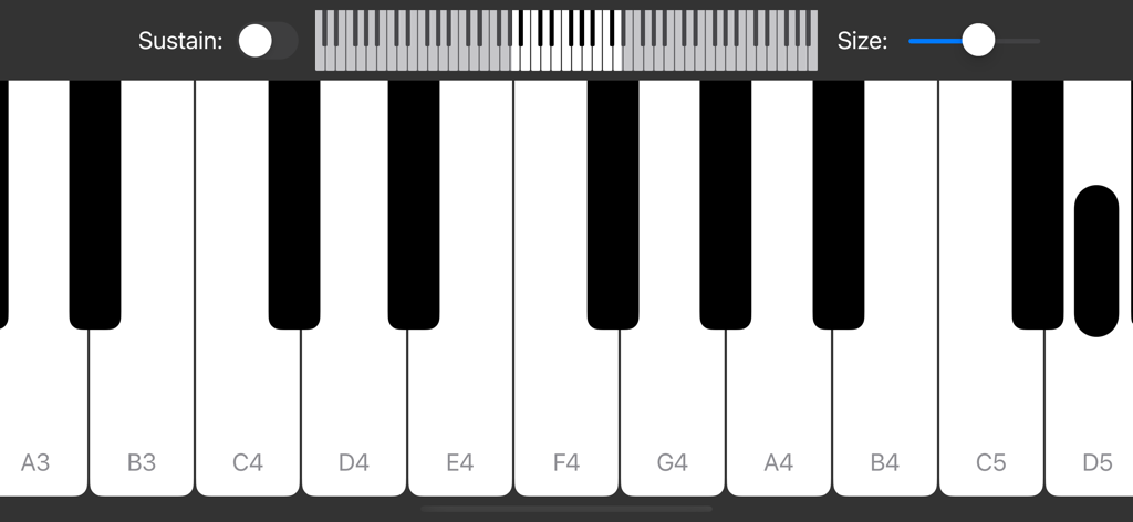 Digital piano keyboard with note labels and control settings for sustain and key size.