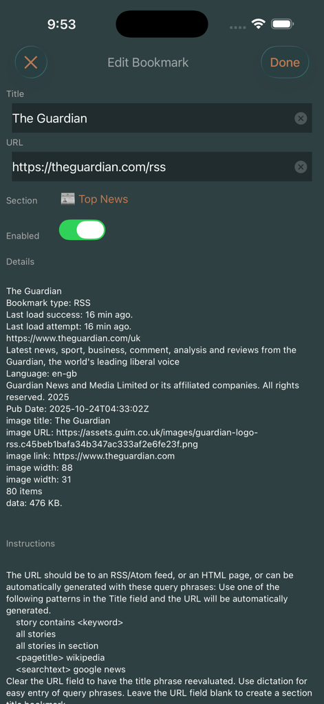 Edit Bookmark screen in the Speak News app showing RSS feed details and settings for The Guardian.