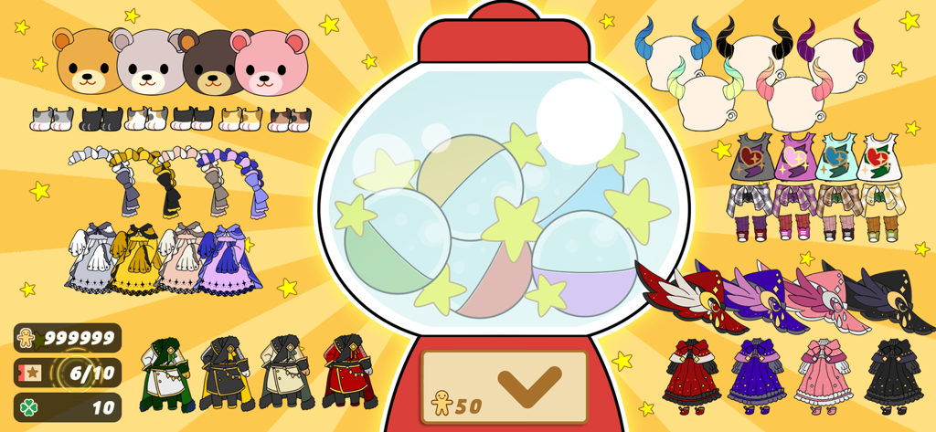 Character Maker - A gacha machine surrounded by various unlockable anime-style outfits and character accessories