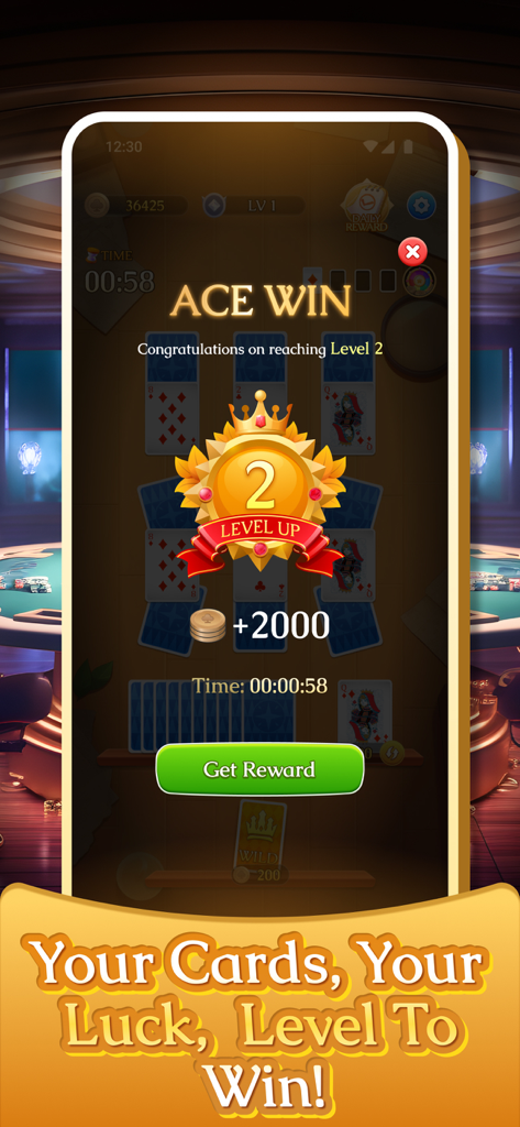 Solitaire RushPro level up screen with Ace Win message and coin rewards