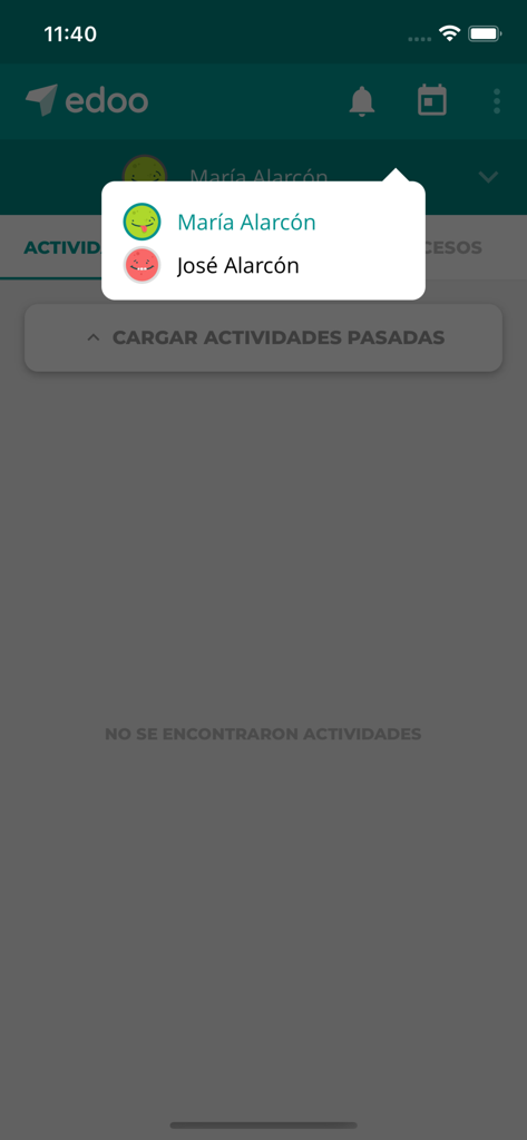Edoo - Edoo app interface showing a profile selection dropdown menu with names Maria Alarcon and Jose Alarcon