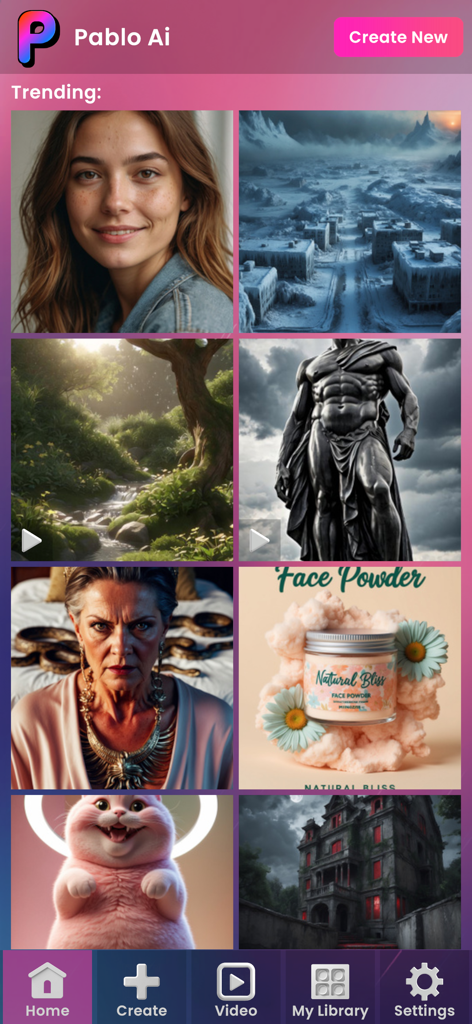 Pablo-ai app home screen featuring a gallery of trending AI generated images