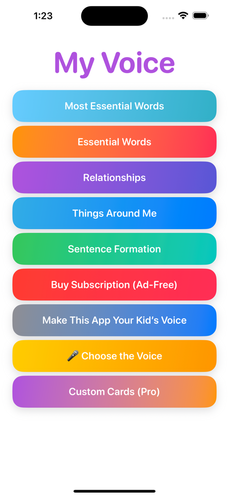 MyVoice AAC Autism Talker - Main menu of the MyVoice AAC app showing colorful buttons for word categories and communication tools