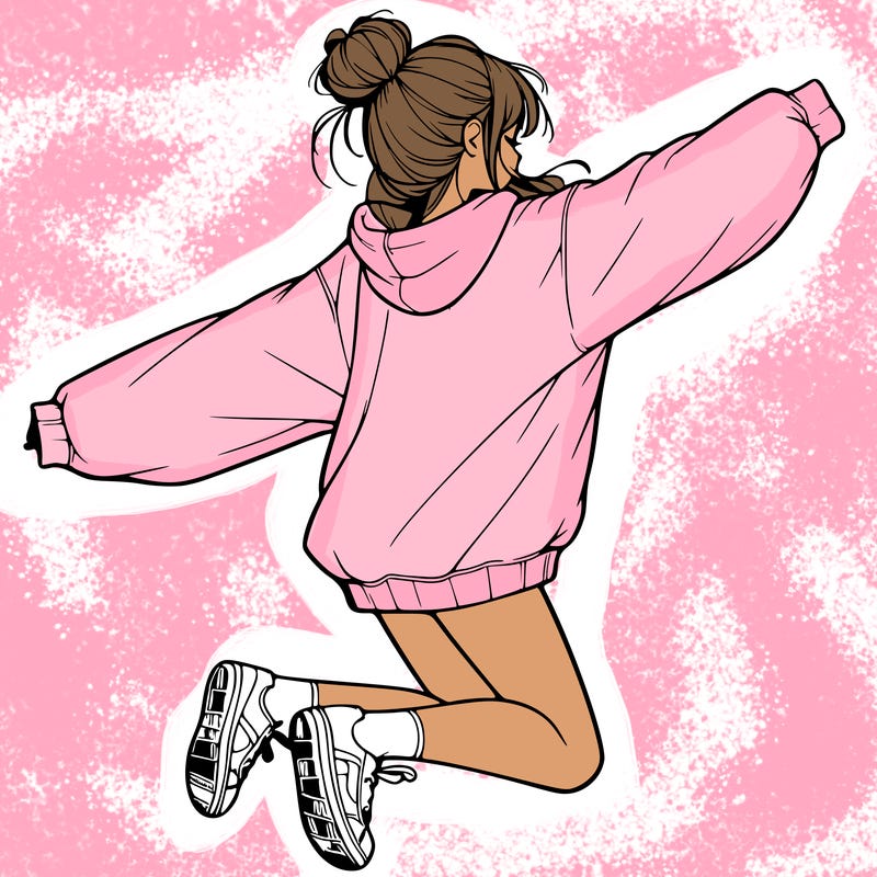 realistic girl jumping with a bun and oversized sweatshirt