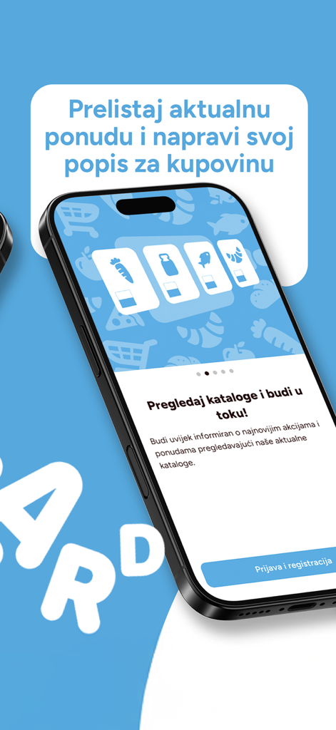 Plodine Card - An iPhone displaying the Plodine Card app interface for browsing digital grocery catalogs and creating a shopping list.