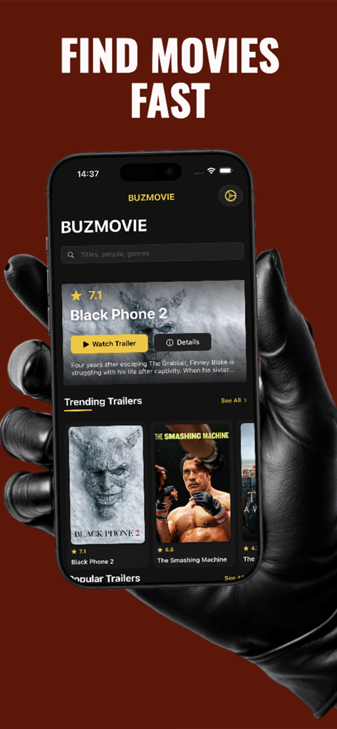 Buz Movie app interface on an iPhone featuring trending trailers and a modern dark mode design