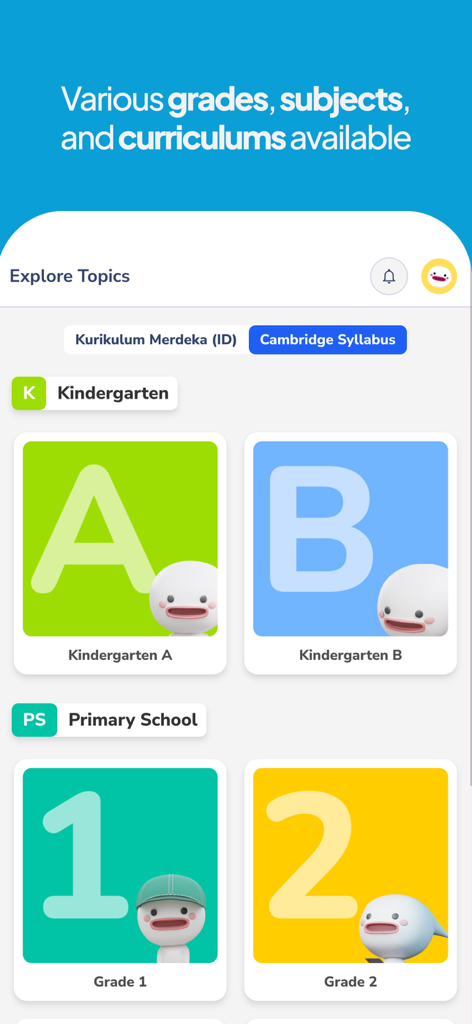 Assemblr EDU app screen displaying curriculum categories for kindergarten and primary school students