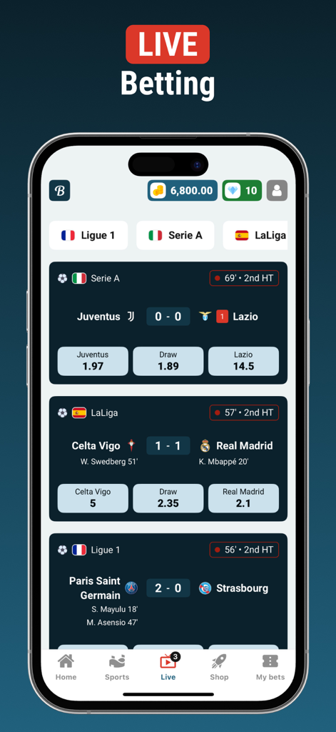 Betoven - Sports Betting - Interfaz de la aplicación Betoven que muestra cuotas de apuestas en vivo para partidos de fútbol