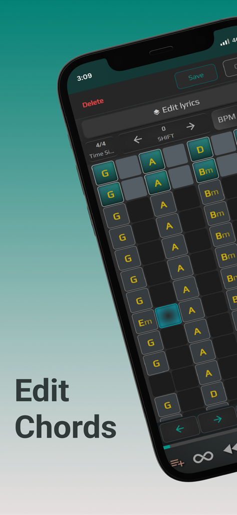 ChordU - get chords & notes - ChordU app mobile interface displaying the chord editing feature with a grid of musical chords