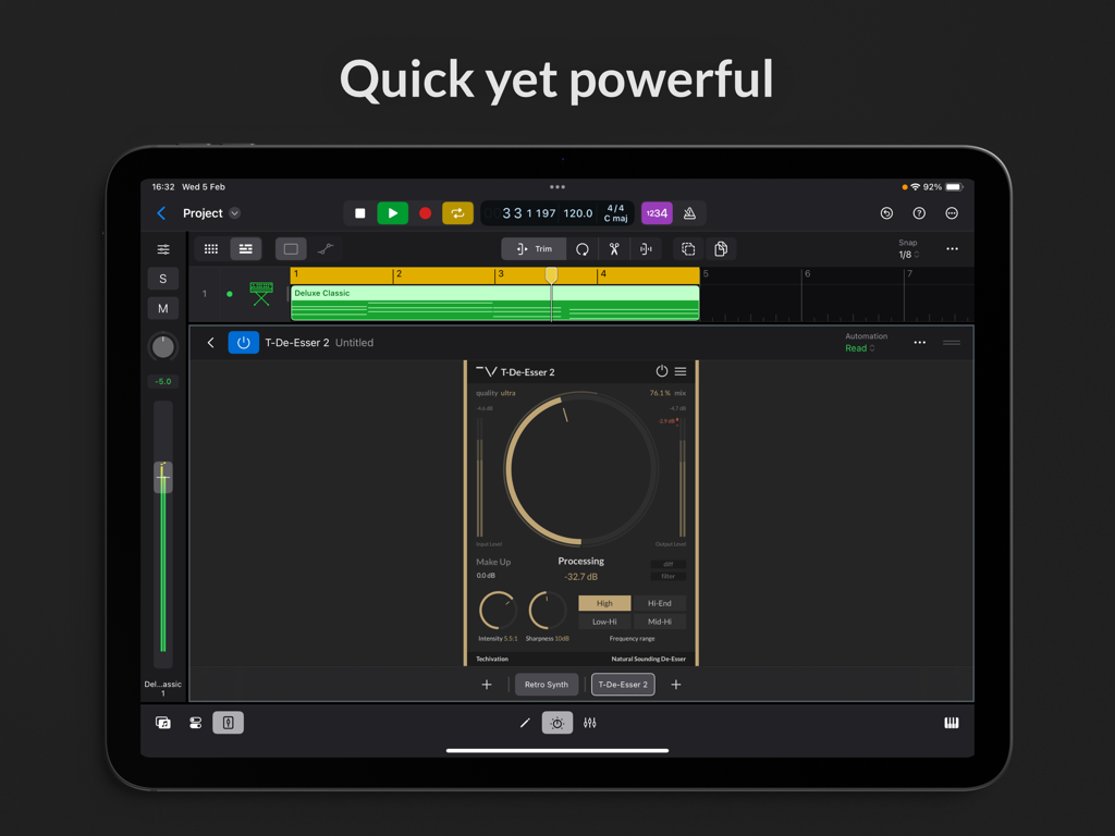 T-De-Esser 2 - T-De-Esser 2 Audio-Plugin-Oberfläche, die Bearbeitungsregler auf einem iPad in einer digitalen Audio-Workstation zeigt
