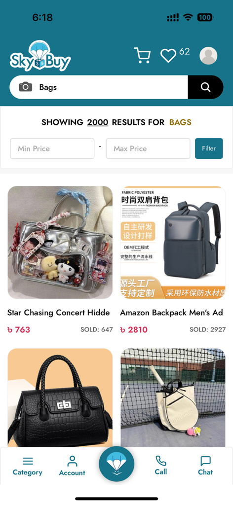 SkyBuy - Wholesale Marketplace - Mobile app interface for SkyBuy showing wholesale bag search results and price filters