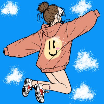 realistic girl jumping with a bun and oversized sweatshirt