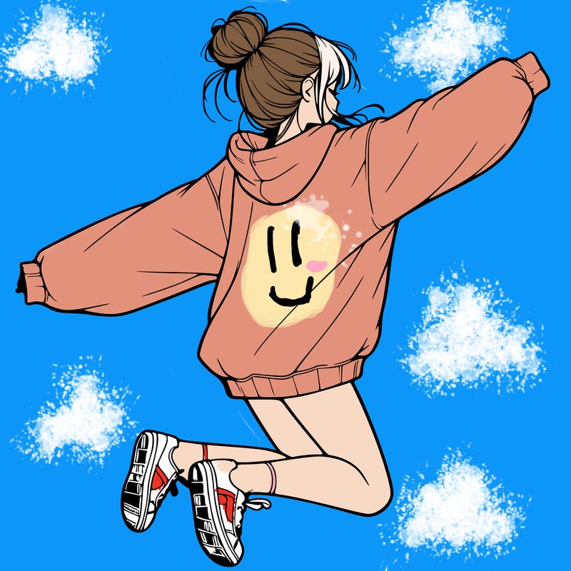 realistic girl jumping with a bun and oversized sweatshirt