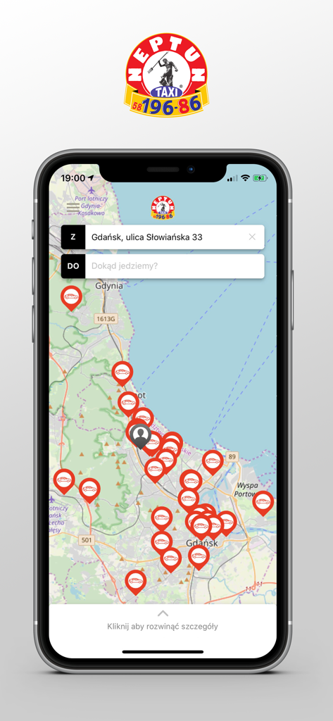 Neptun Taxi Gdańsk 19686 - Interface da aplicação móvel do Neptun Taxi Gdansk exibindo um mapa da cidade com táxis disponíveis