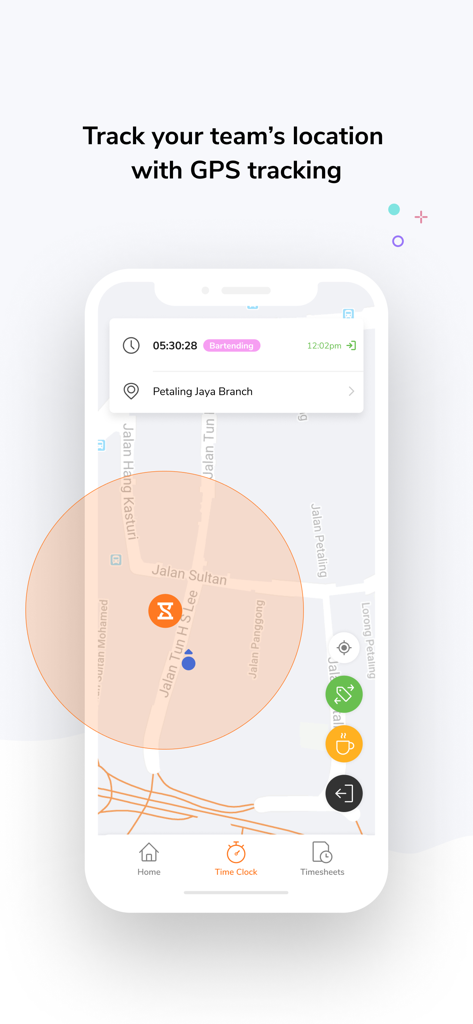 Jibble: Attendance Tracker - Jibble mobile app interface showing real-time GPS location tracking and geofencing for employee attendance.