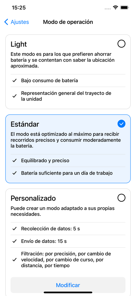 Blac Track - Blac Track app screen for selecting GPS tracking operation modes