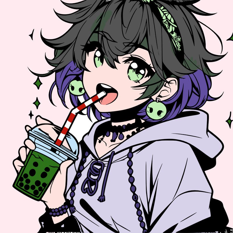 hot baddie anime girl drinking boba and biting the straw