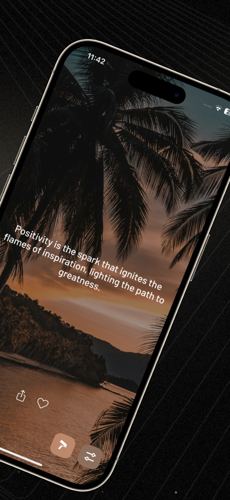 Motivation Daily Quotes - I AM - Cita motivacional diaria sobre un fondo de atardecer tropical de la aplicación I AM.