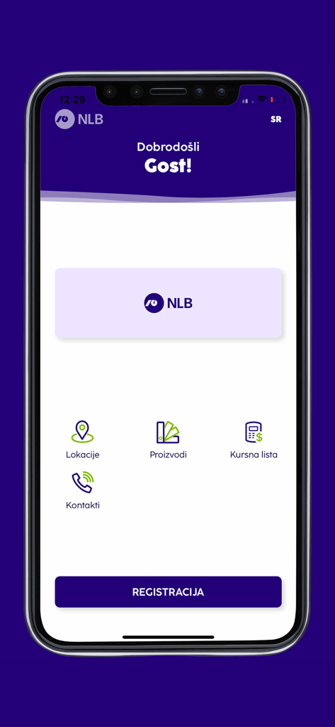 Mobile banking app welcome screen for guests showing locations exchange rates products and registration options
