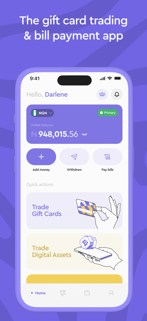 Ridima: Sell Gift Cards - Ridima mobile app home screen showing NGN wallet balance and options for trading gift cards and paying bills