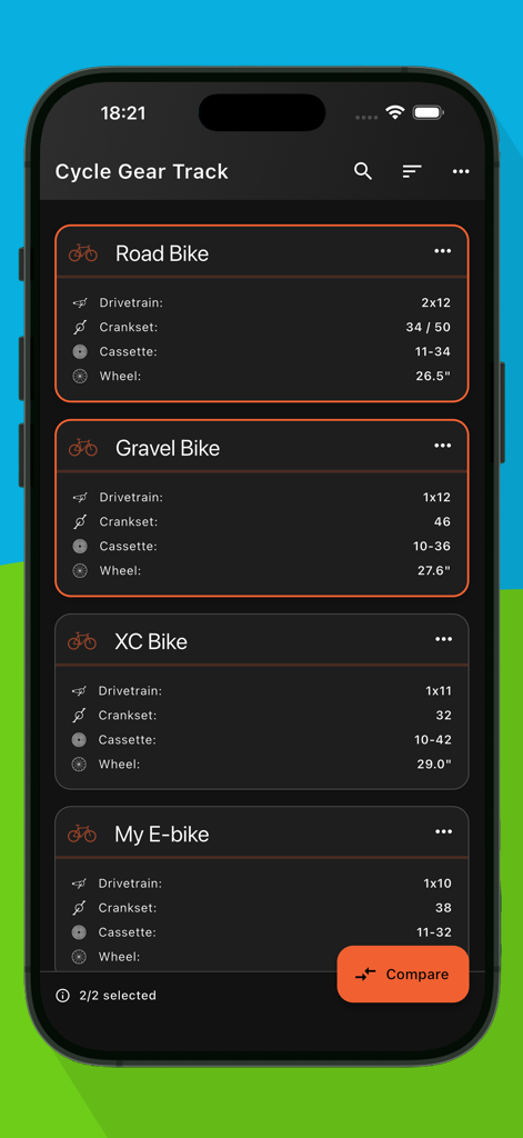 A mobile app screen listing various bicycles like road and gravel bikes with technical drivetrain specifications for comparison.